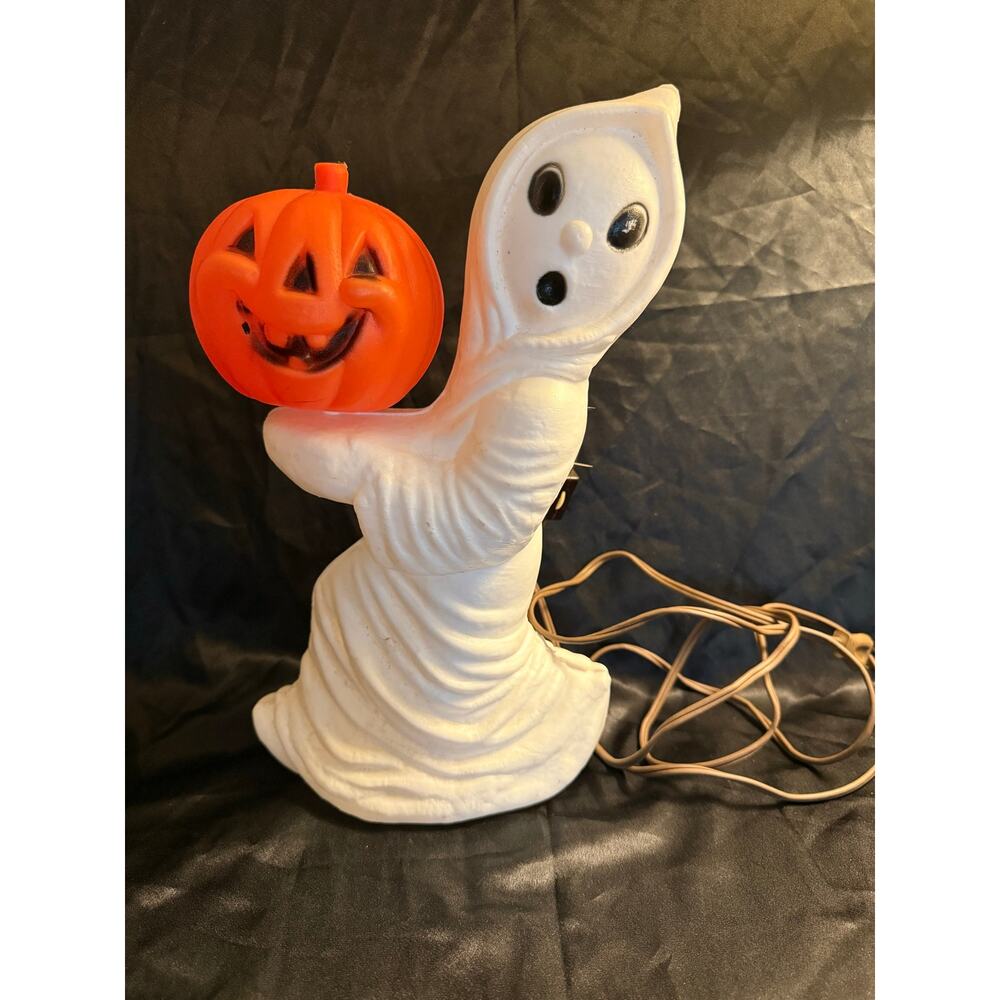 Vintage 1960's General Foam Halloween Ghost Holding Pumpkin Blow Mold Light 13"